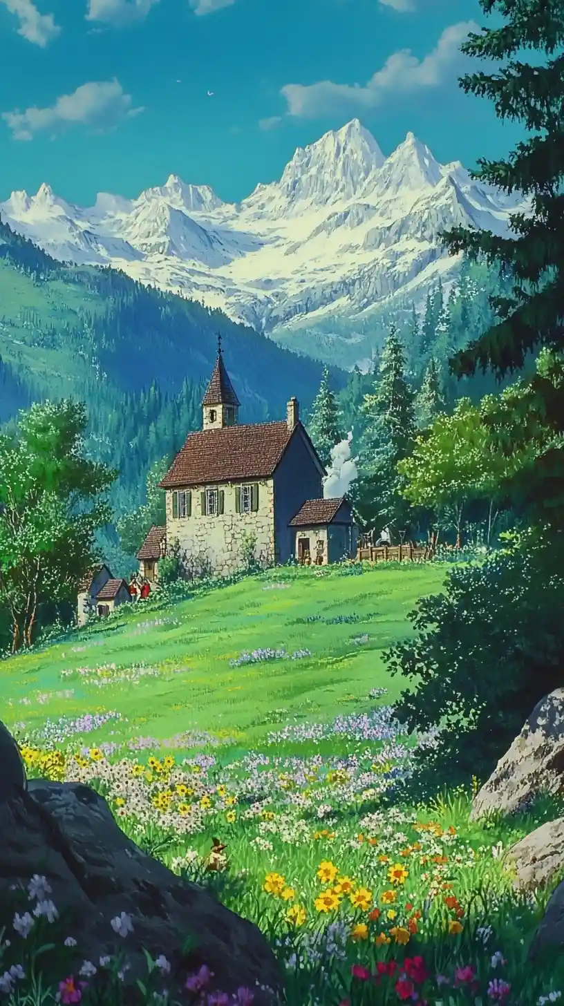 Vilarejo medieval em estilo anime em uma pacífica paisagem fantástica murada