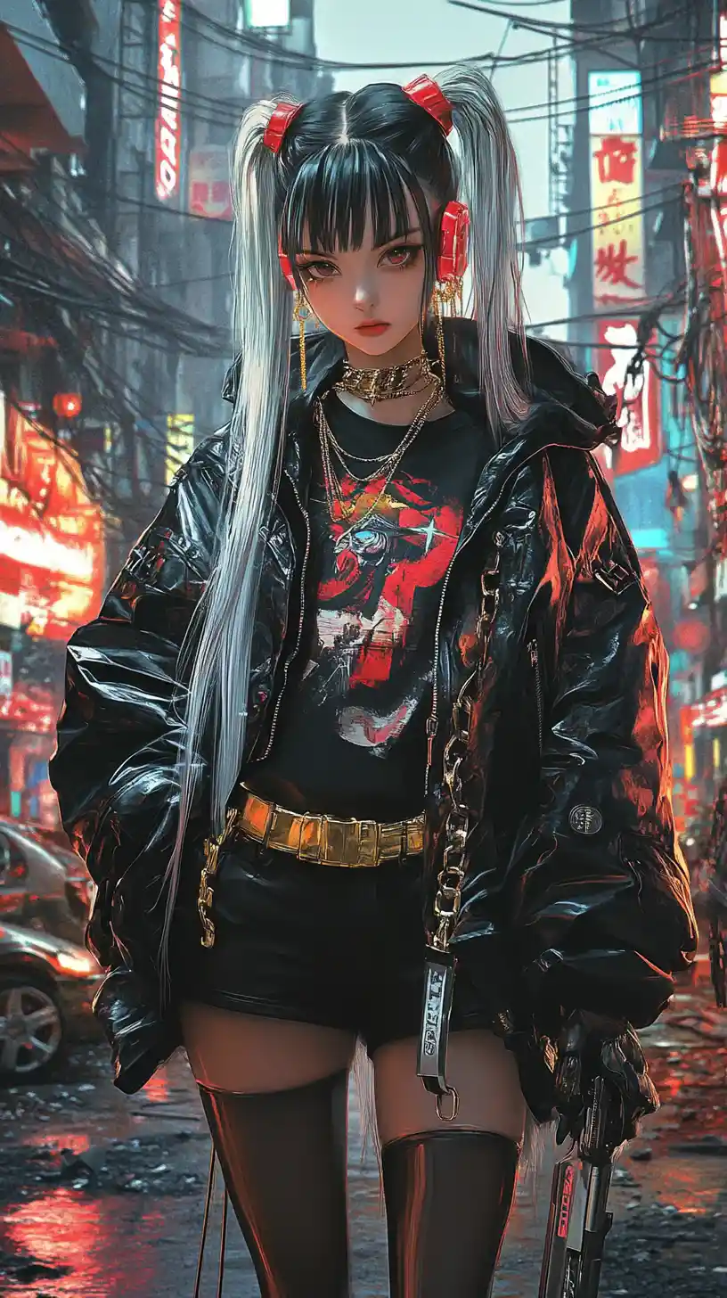 Anime girl walking through neon ruins of a dark city