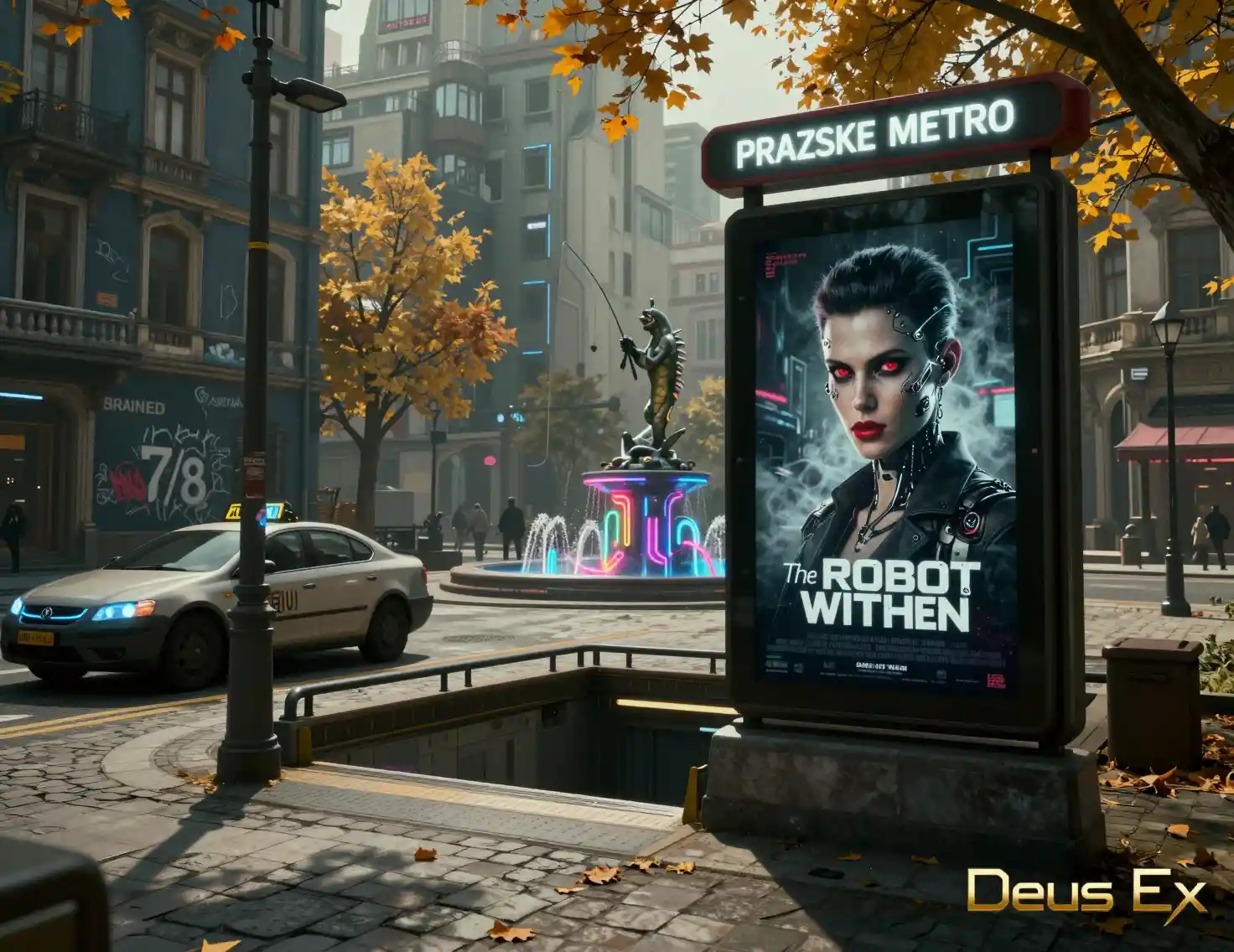 Taxi cyberpunk vicino all’ingresso della metro in una città futuristica
