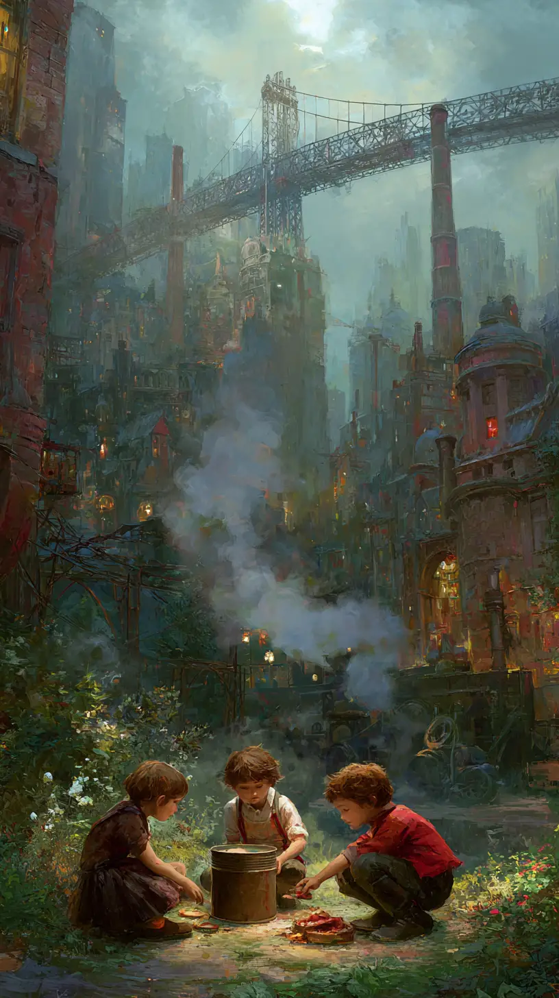Cortile Urbano Steampunk con Bambini che Giocano tra il Fumo della Città