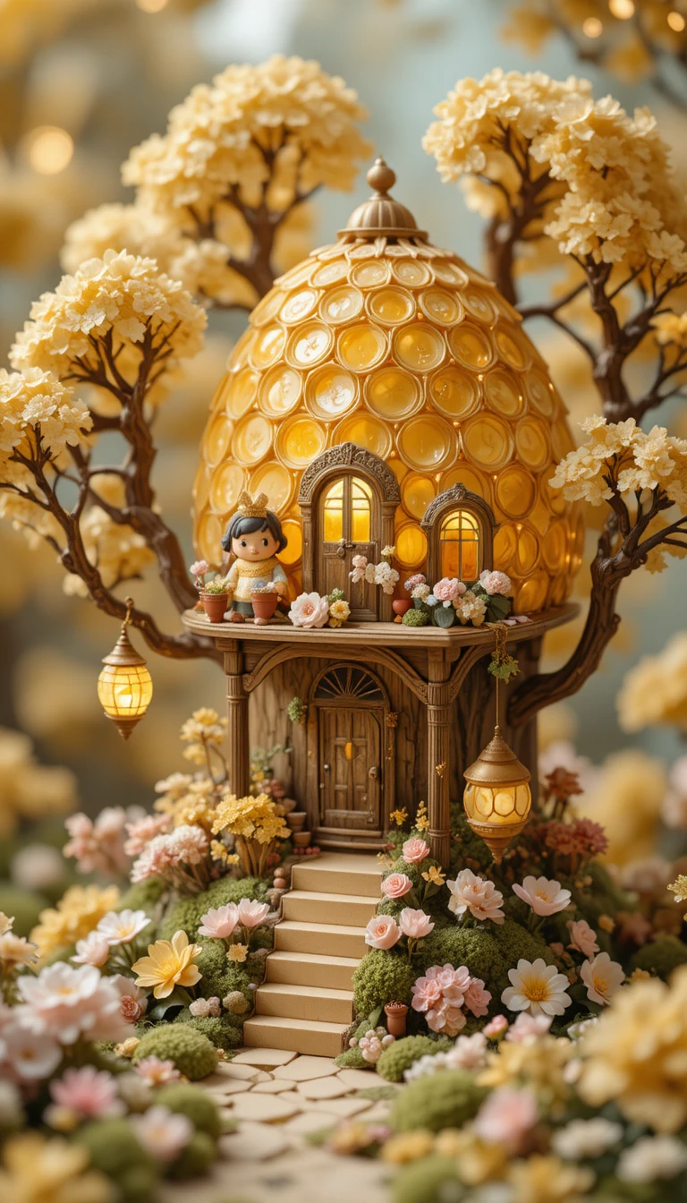 Cute golden treehouse diorama with plush bees and lanterns