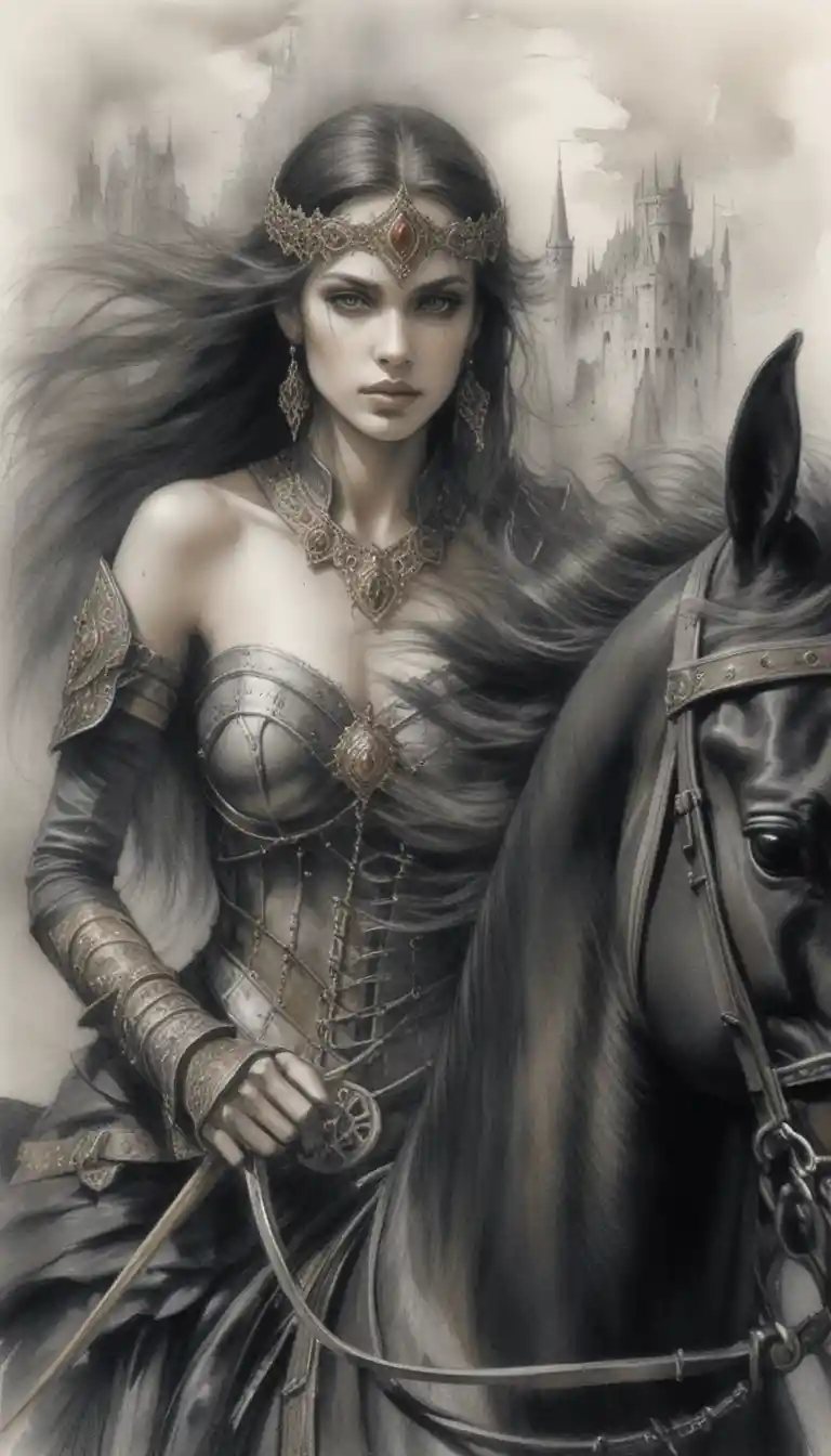 Dark fantasy warrior queen on horseback before ruins
