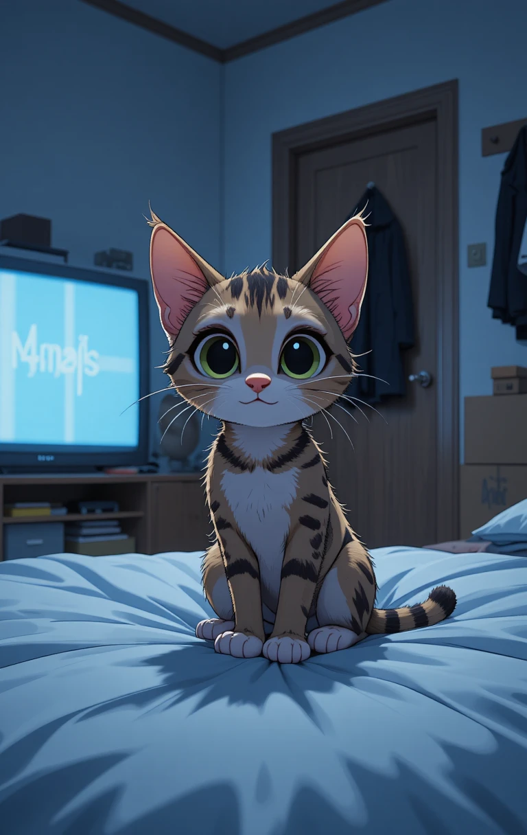 Chaton tigré curieux assis sur des draps bleus dans une chambre