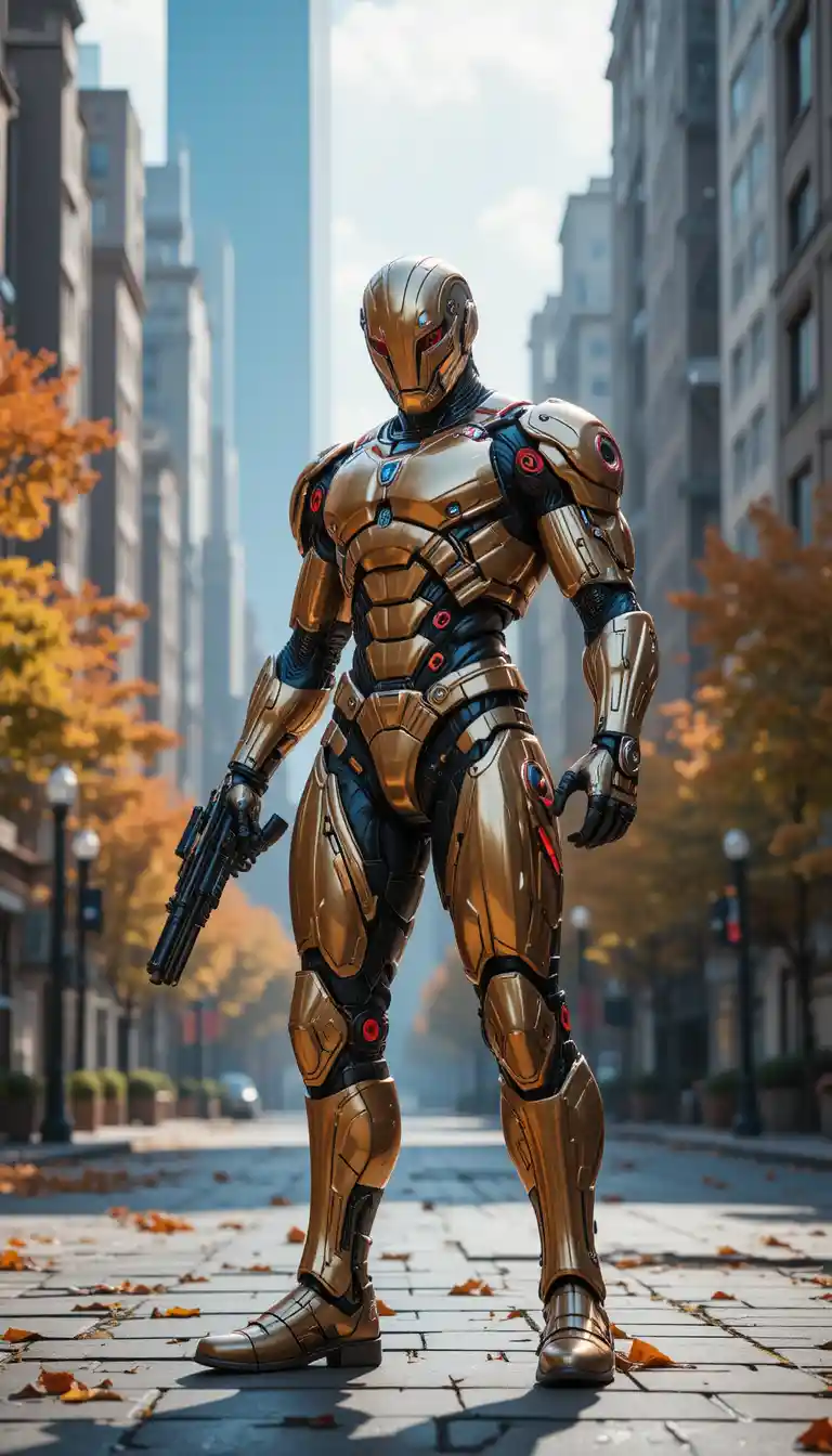 Futuristic Armored Soldier With Dual Guns In City Street