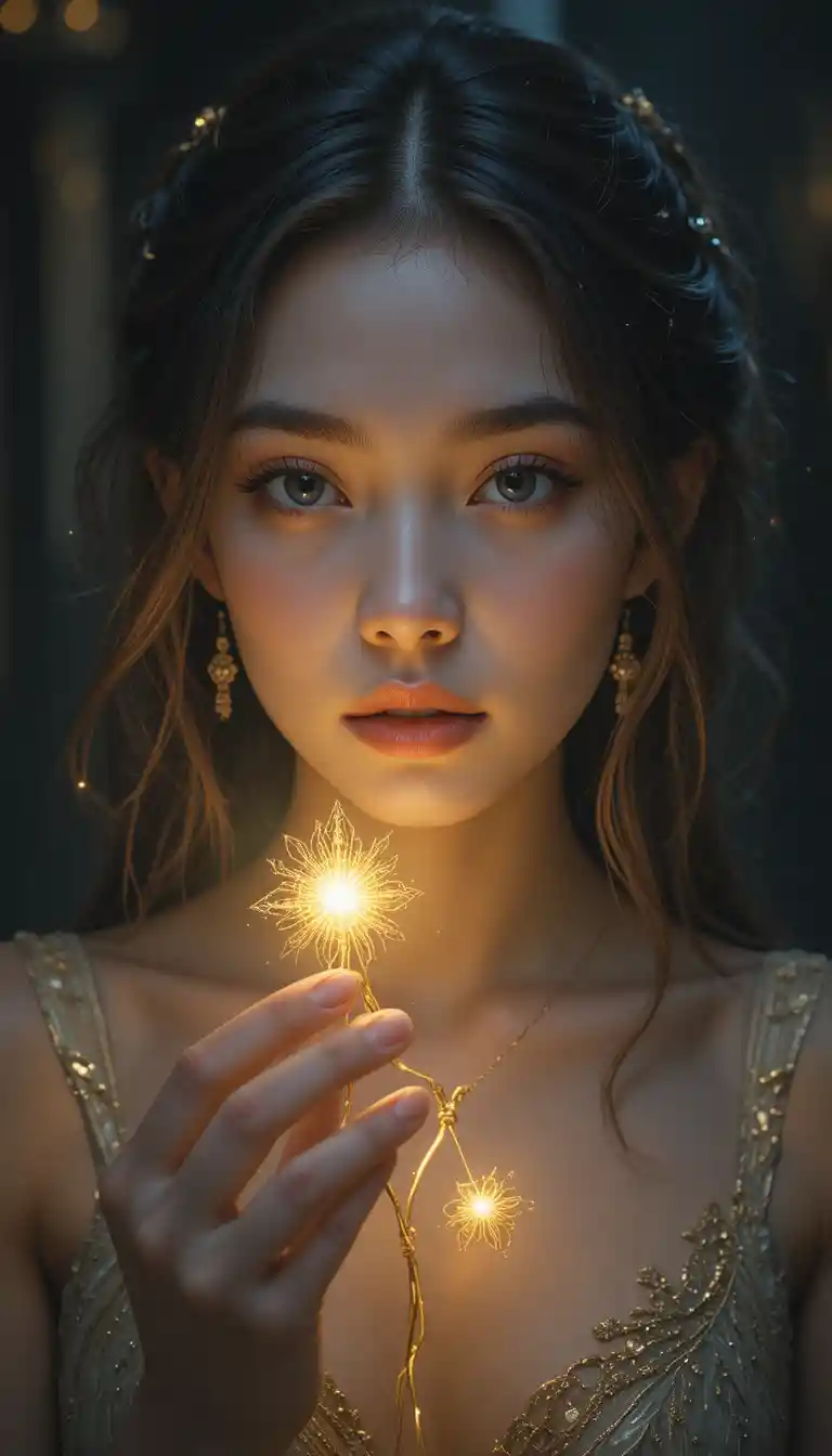 Giovane donna che tiene un filo dorato con simboli luminosi