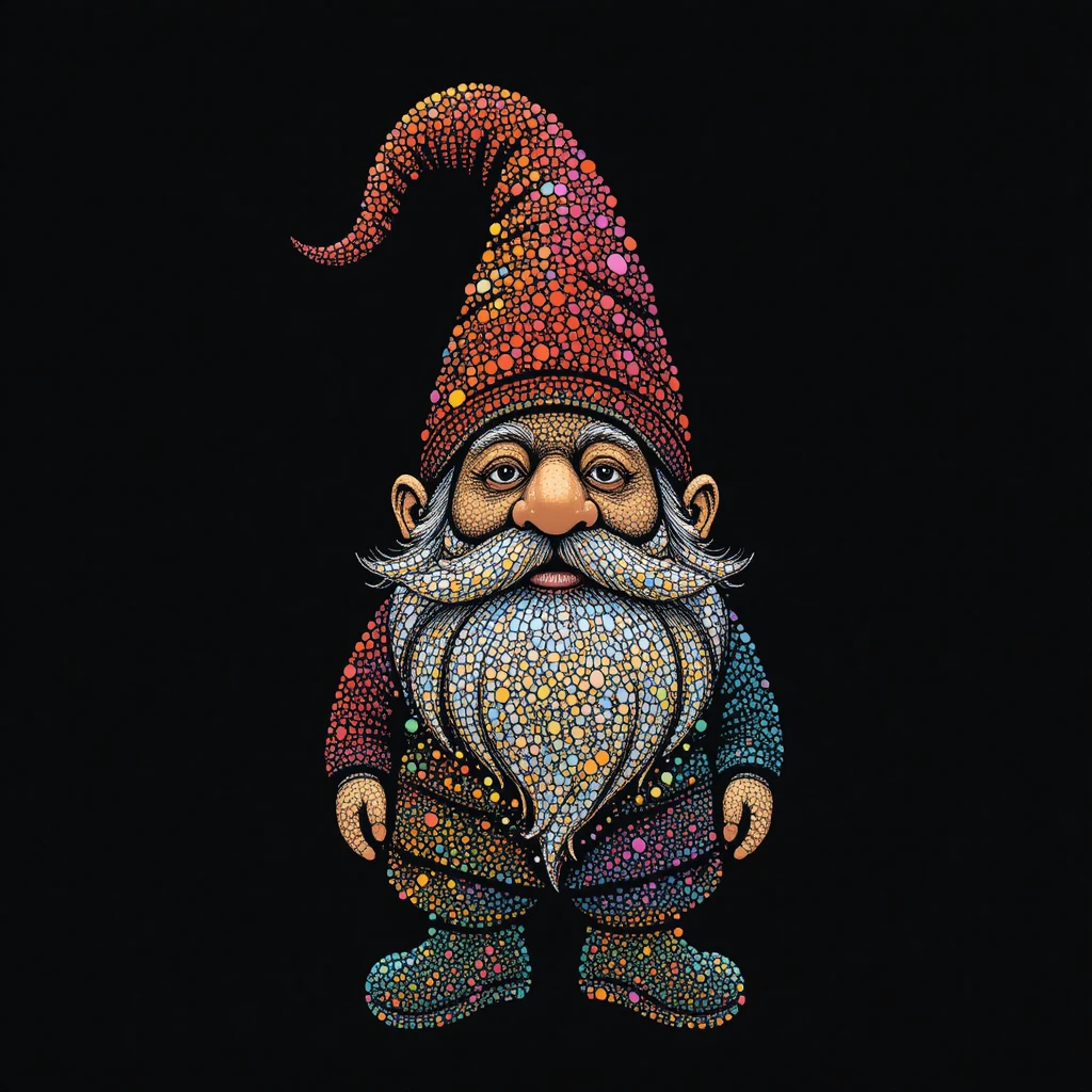 Gnome coloré en art de points centré sur fond noir