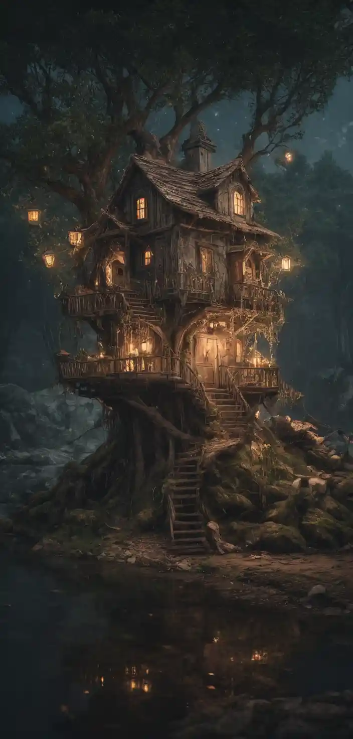 Dreamy fantasy treehouse glowing beside a night river