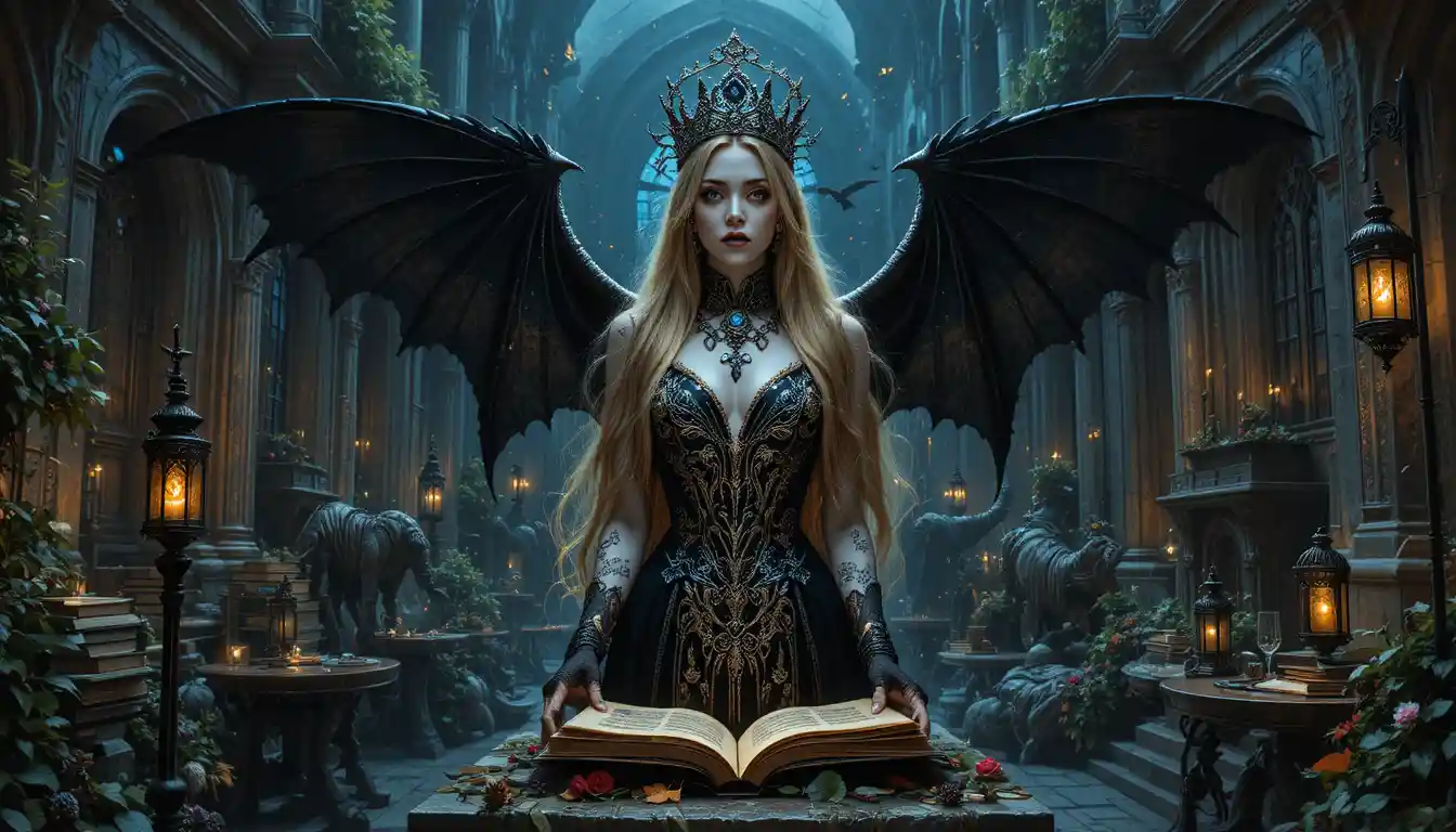 Reine vampire sur un sarcophage dans une cathédrale maudite