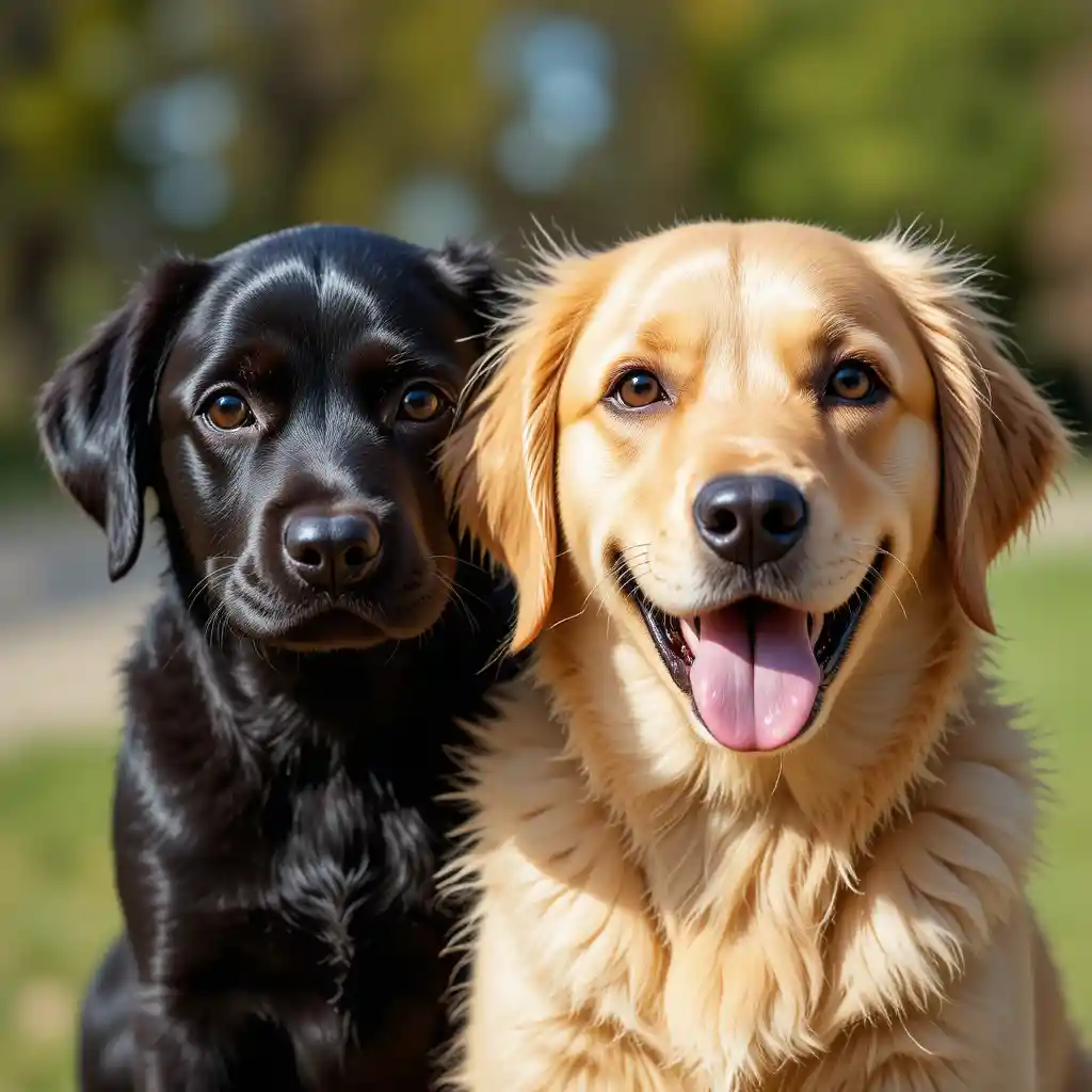 Cucciolo di labrador nero con golden retriever in una giornata di sole