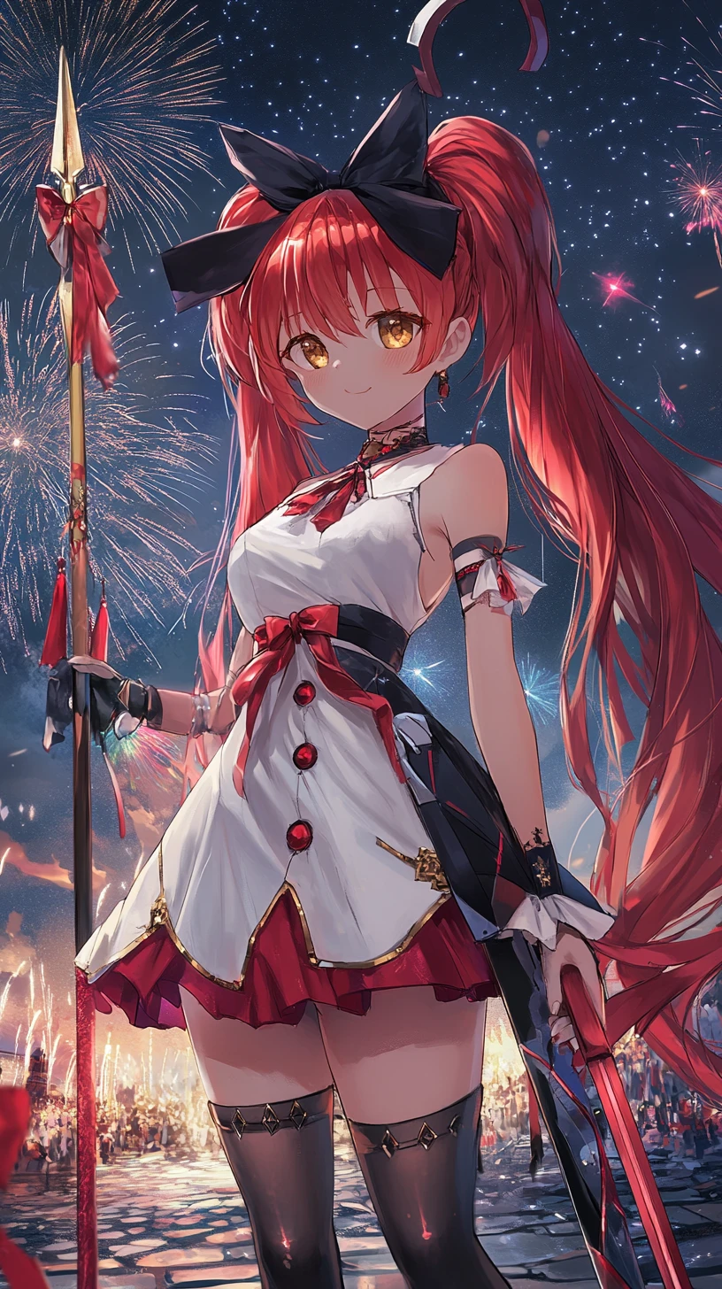 Garota de anime de cabelo carmesim em vestido ornamentado à noite