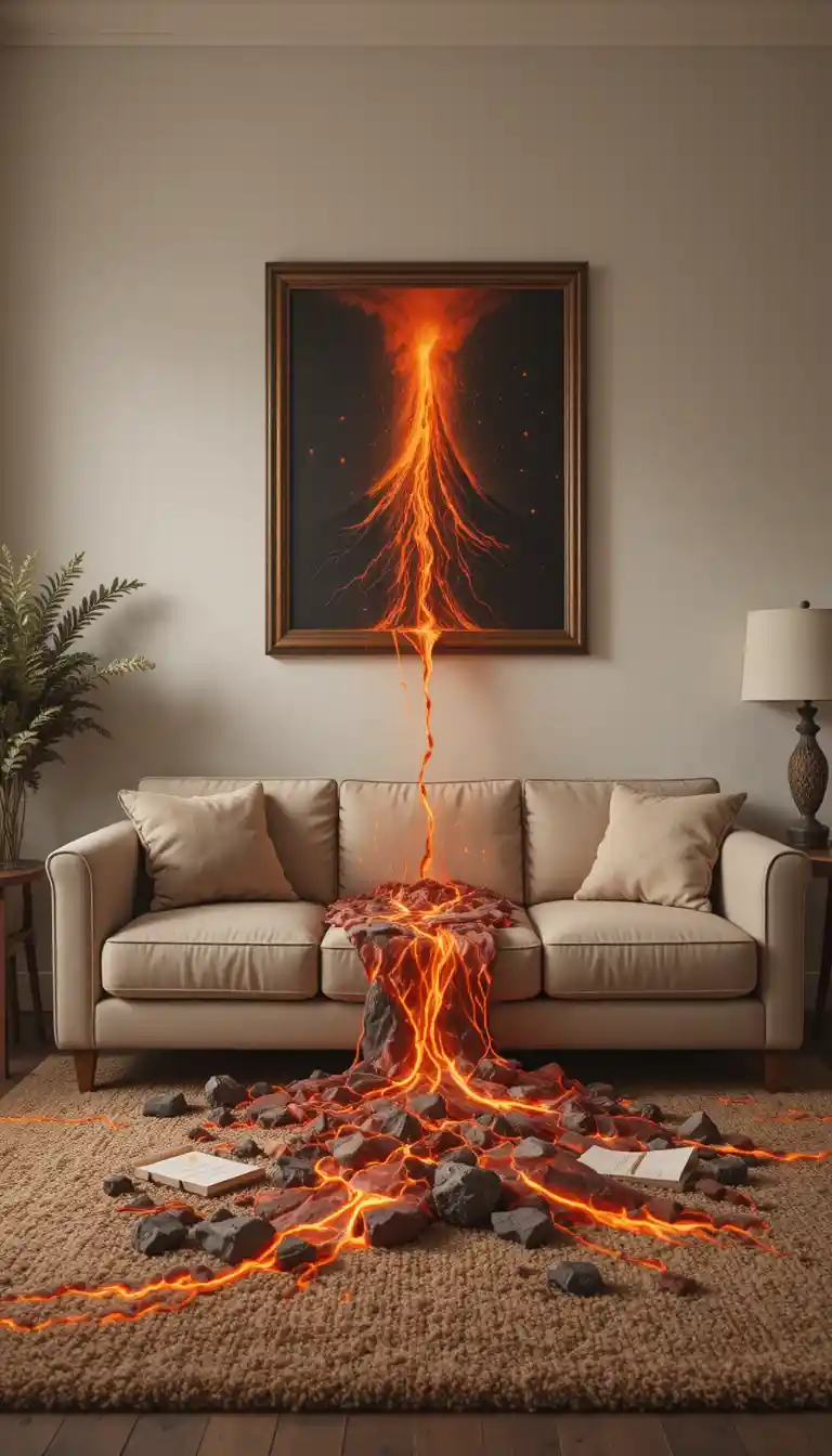 Soggiorno accogliente con lava che scorre da un quadro incorniciato di un vulcano