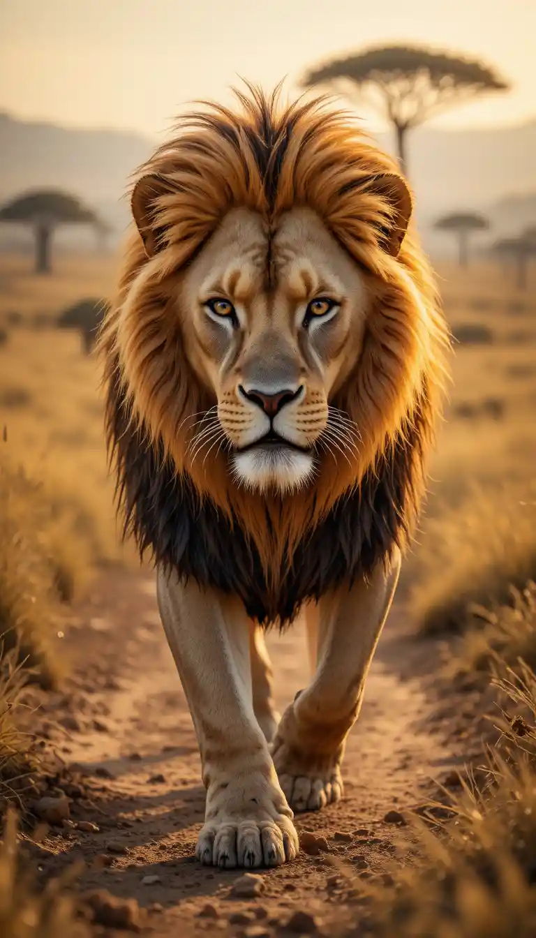 Calm male lion walking toward camera on African savanna