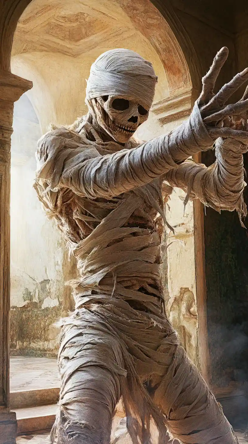 Surreal illusion of a mummy in a layered shifting scene