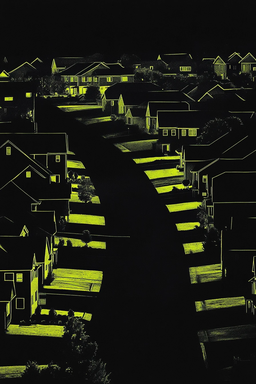 Rua escura de bairro com casas fofas e detalhes em amarelo neon