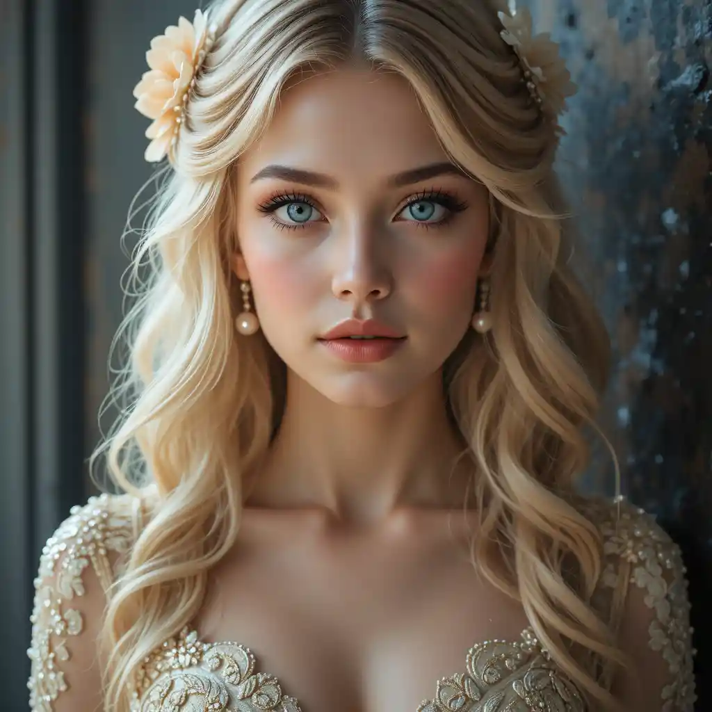Elegant blonde girl portrait with soft romantic lighting