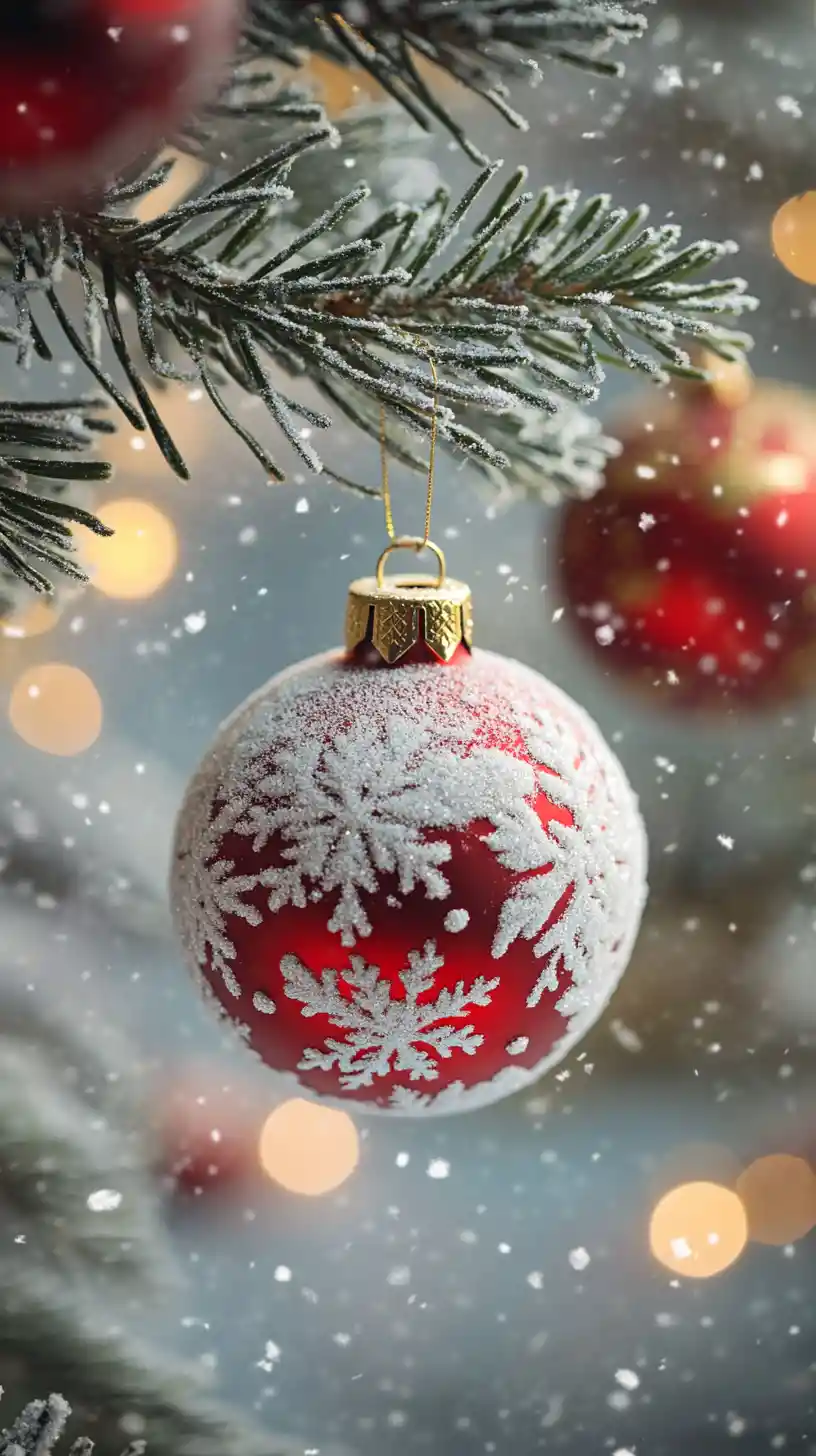 Gros plan d’une boule de Noël rouge dans des branches d’épicéa enneigées