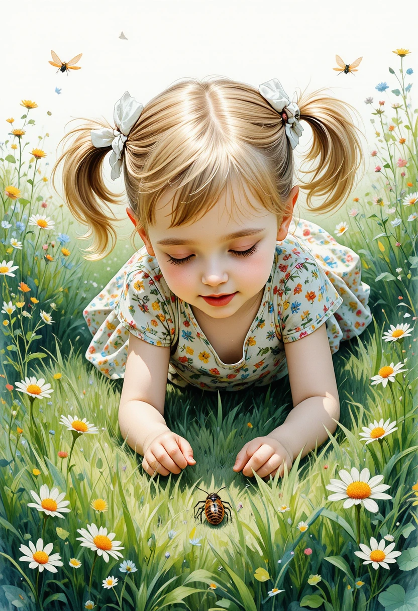 Bambina in vestitino di chintz che osserva un insetto nell’erba