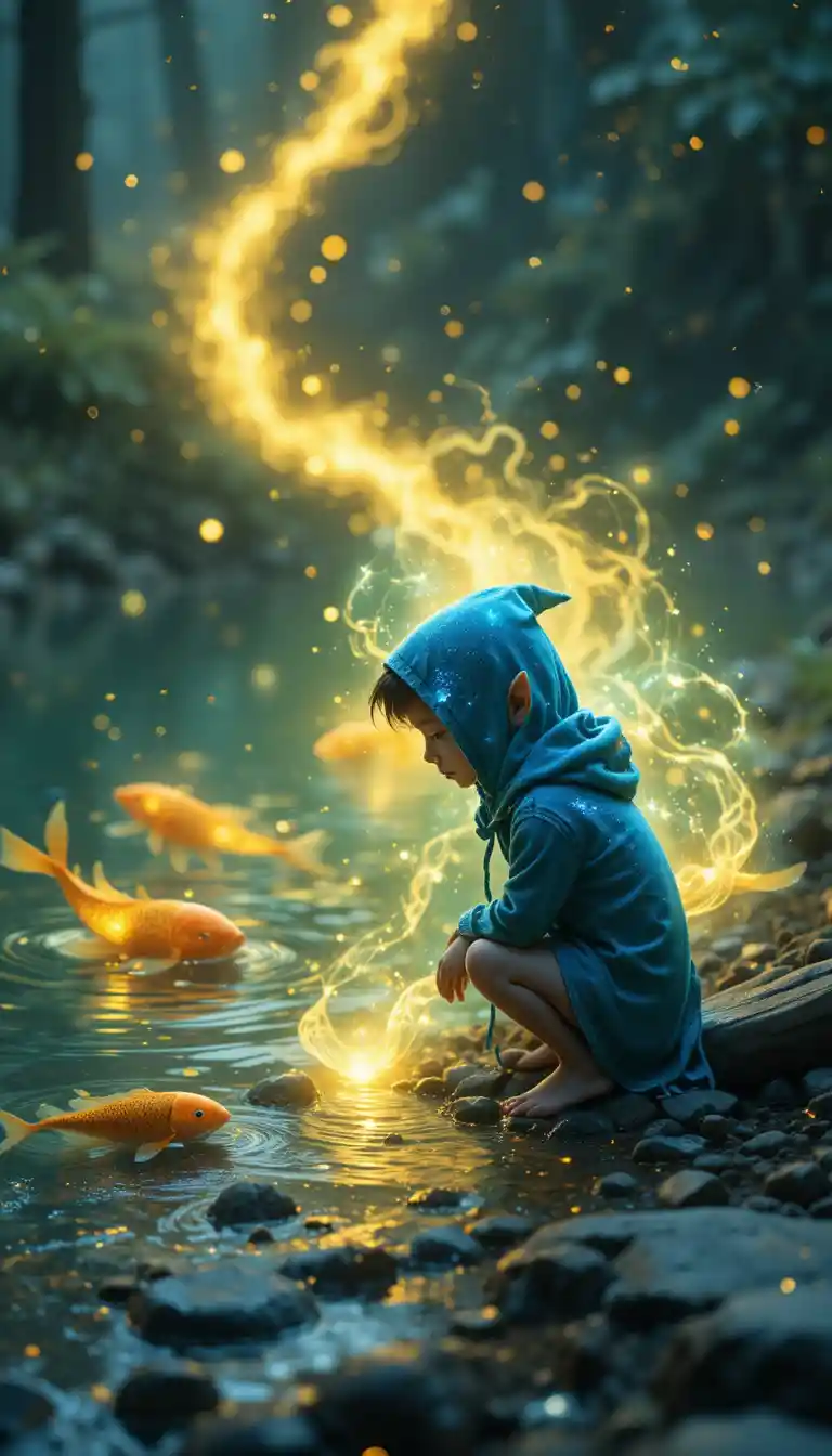 Tiny elf by a crystal lake in a magical forest