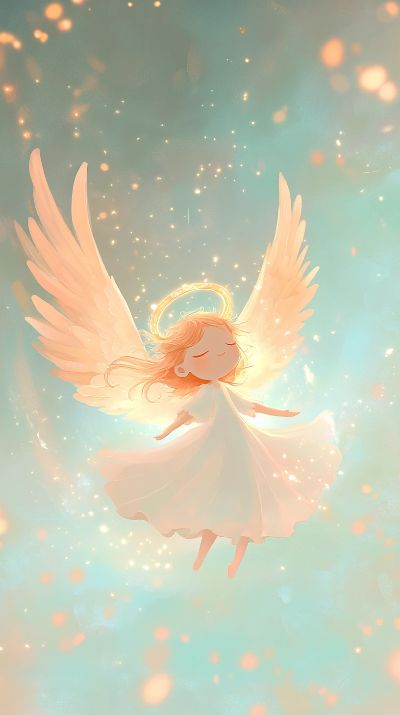 Anjo minimalista flutuando em suave luz etérea em tons pastéis