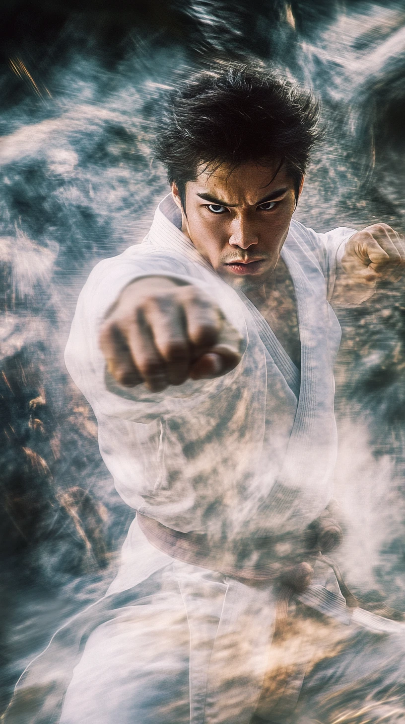 Luchador coreano de taekwondo en dinámica pose de batalla de anime