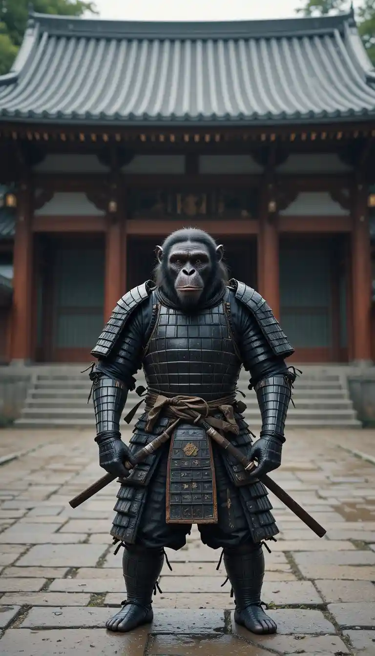 Chimpancé samurái vigilando la entrada de un sereno templo japonés