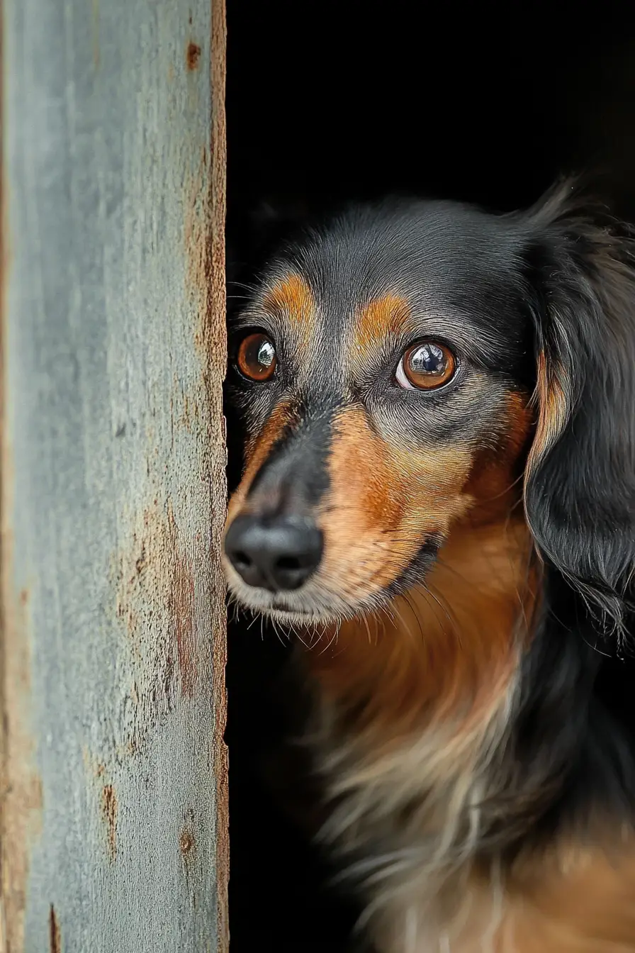 Shy wirehaired dachshund peeking from behind a textured wall