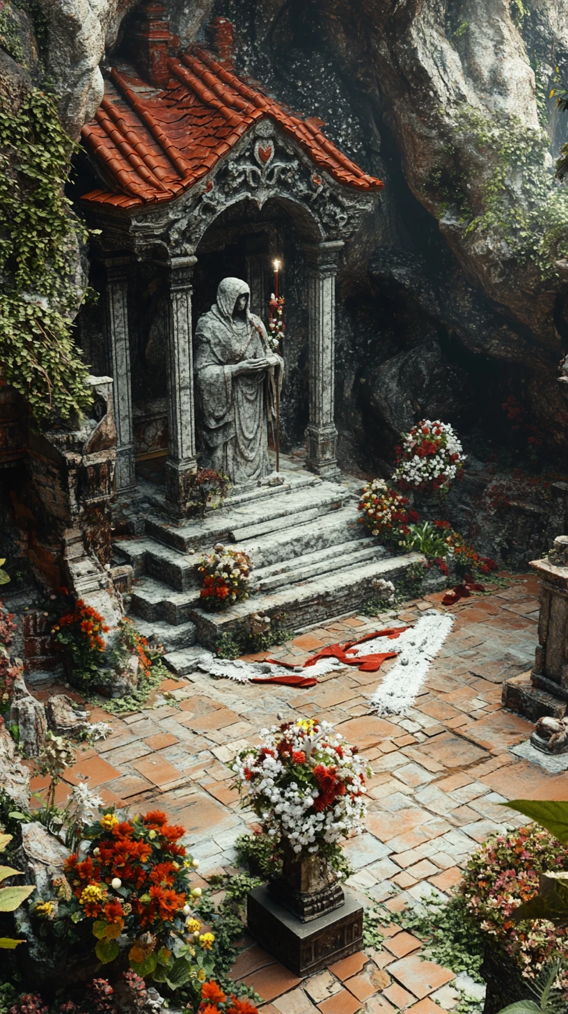 Pátio de templo em estilo anime com estátua e luz cinematográfica suave
