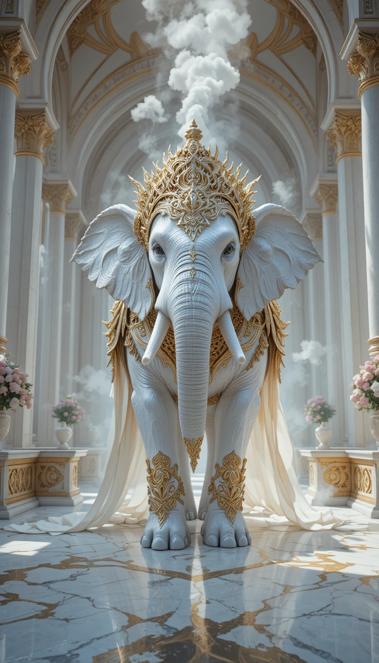 Majestoso elefante branco em um grande salão de templo de mármore