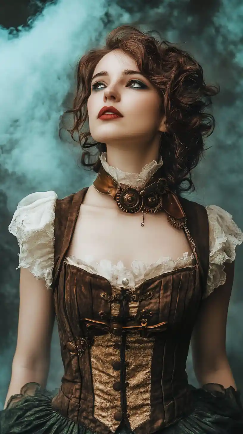 Steampunk woman on floating cloud islands with glowing lanterns