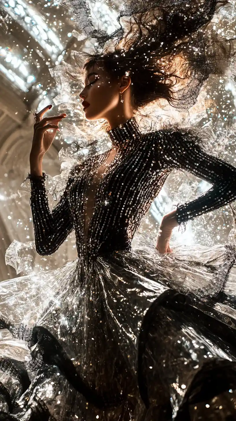 Femme fatale in glittering steampunk fashion editorial scene
