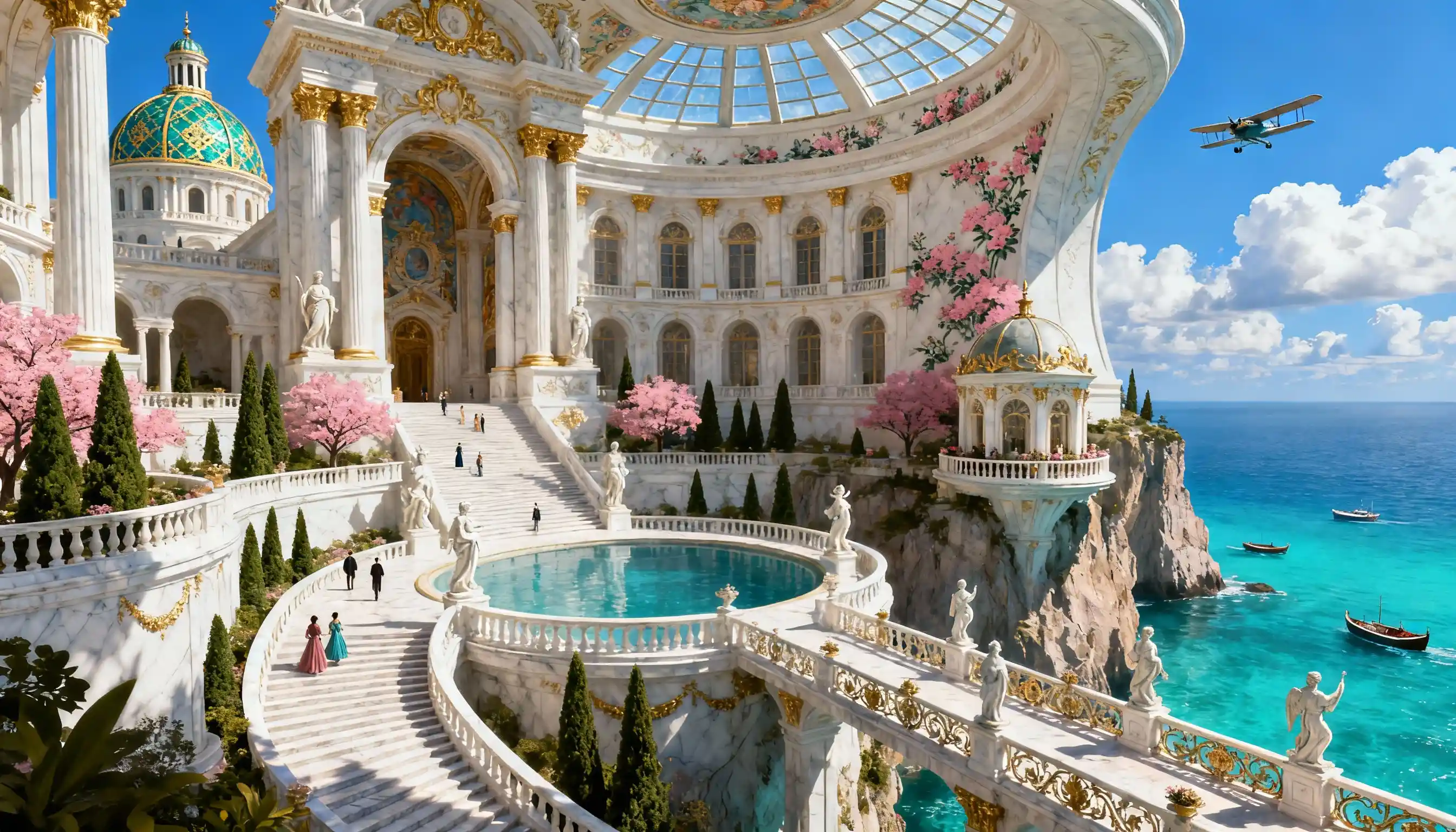 Grand marble palace overlooking a bright turquoise sea