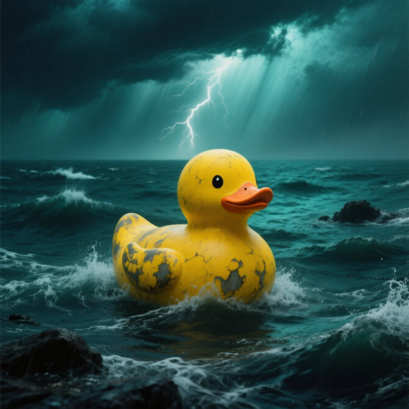 Lonely rubber duck rising from a dark stormy ocean