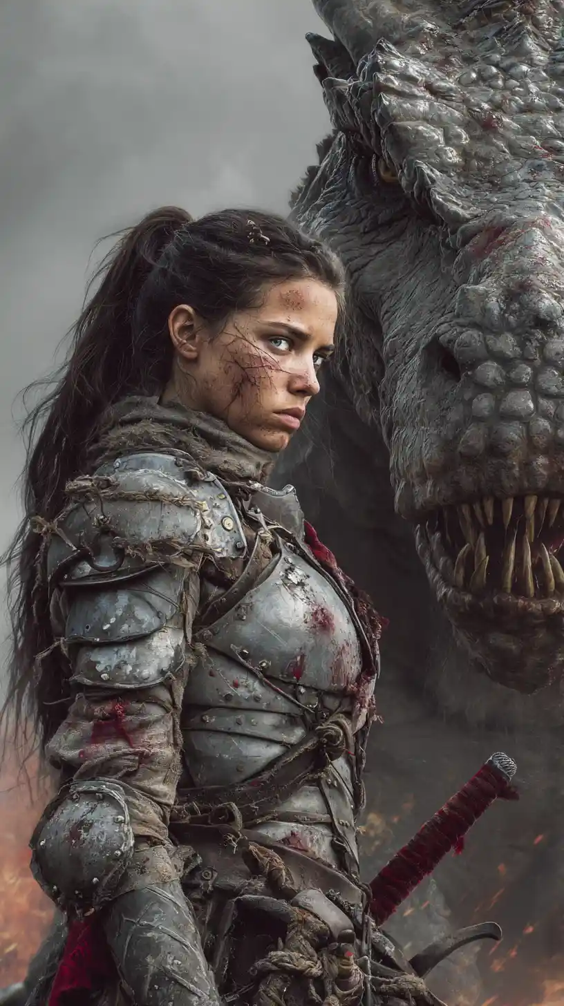 Battle hardened warrior woman beside a roaring dragon