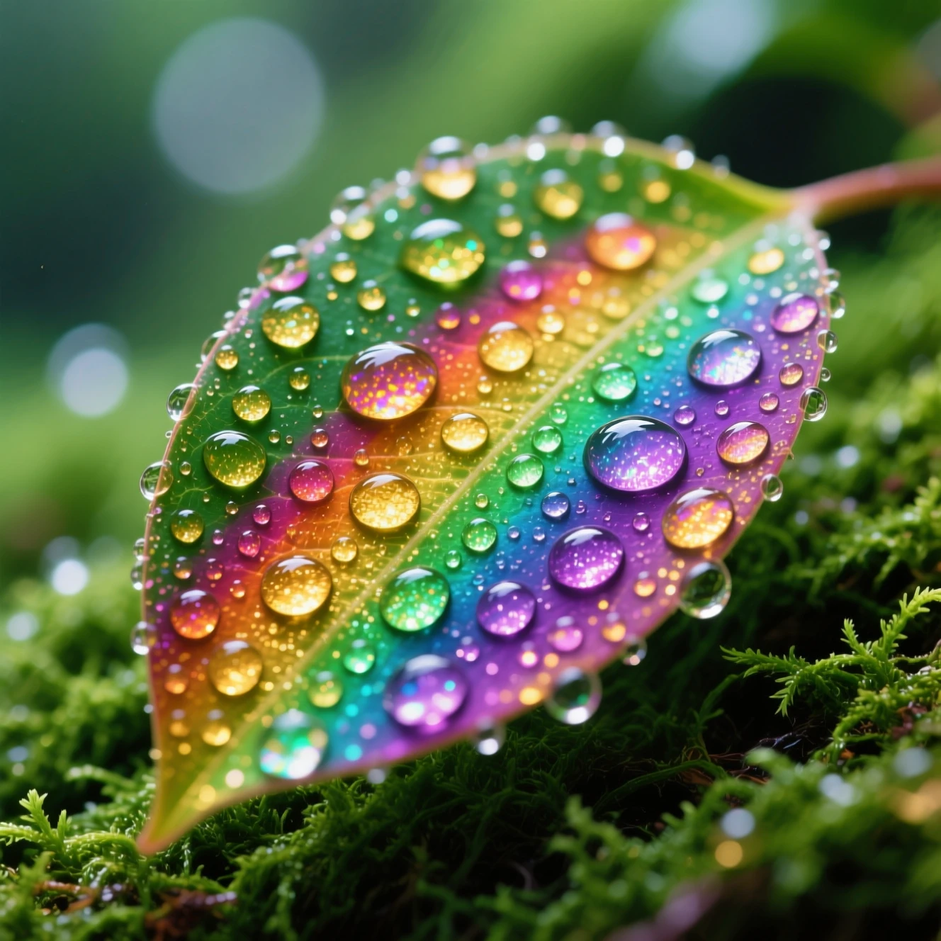 Colorful leaf with sparkling raindrops on green moss