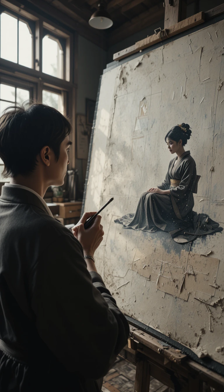 Pintor japonés dibujando a una modelo con kimono en un cálido estudio a la luz de la luna