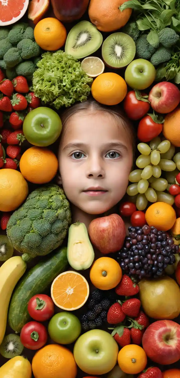 Surreal human figures climbing a fruit and vegetable face