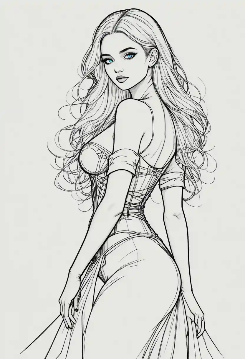Elegant woman in corset and flowing skirt line drawing