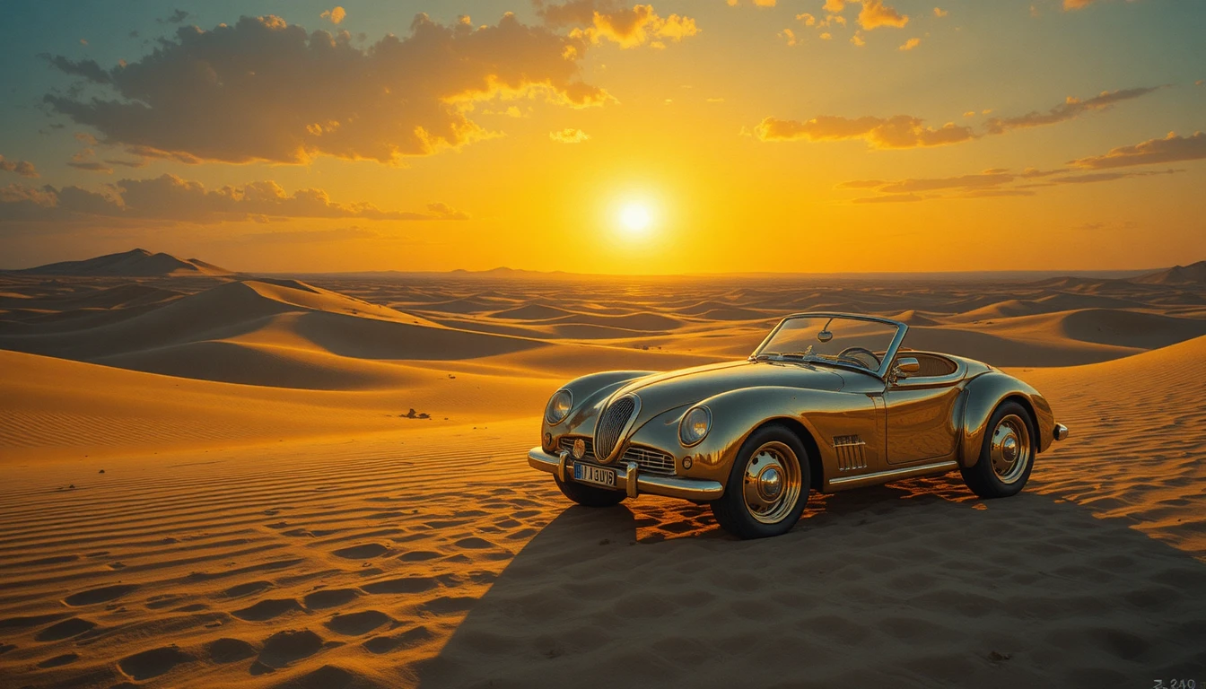 Brass Toy Car In A Surreal Desert At Sunset