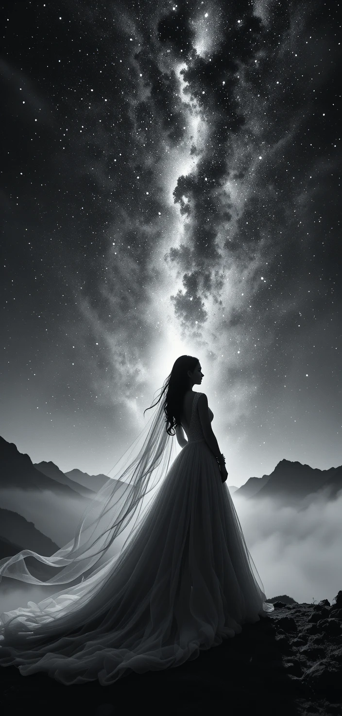 Silhouette de mariée se dressant sous un ciel nocturne cosmique