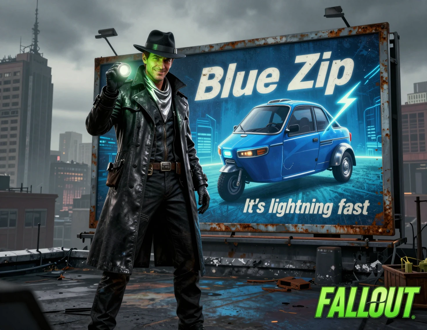 Sci fi detective on rooftop beside glowing vehicle billboard