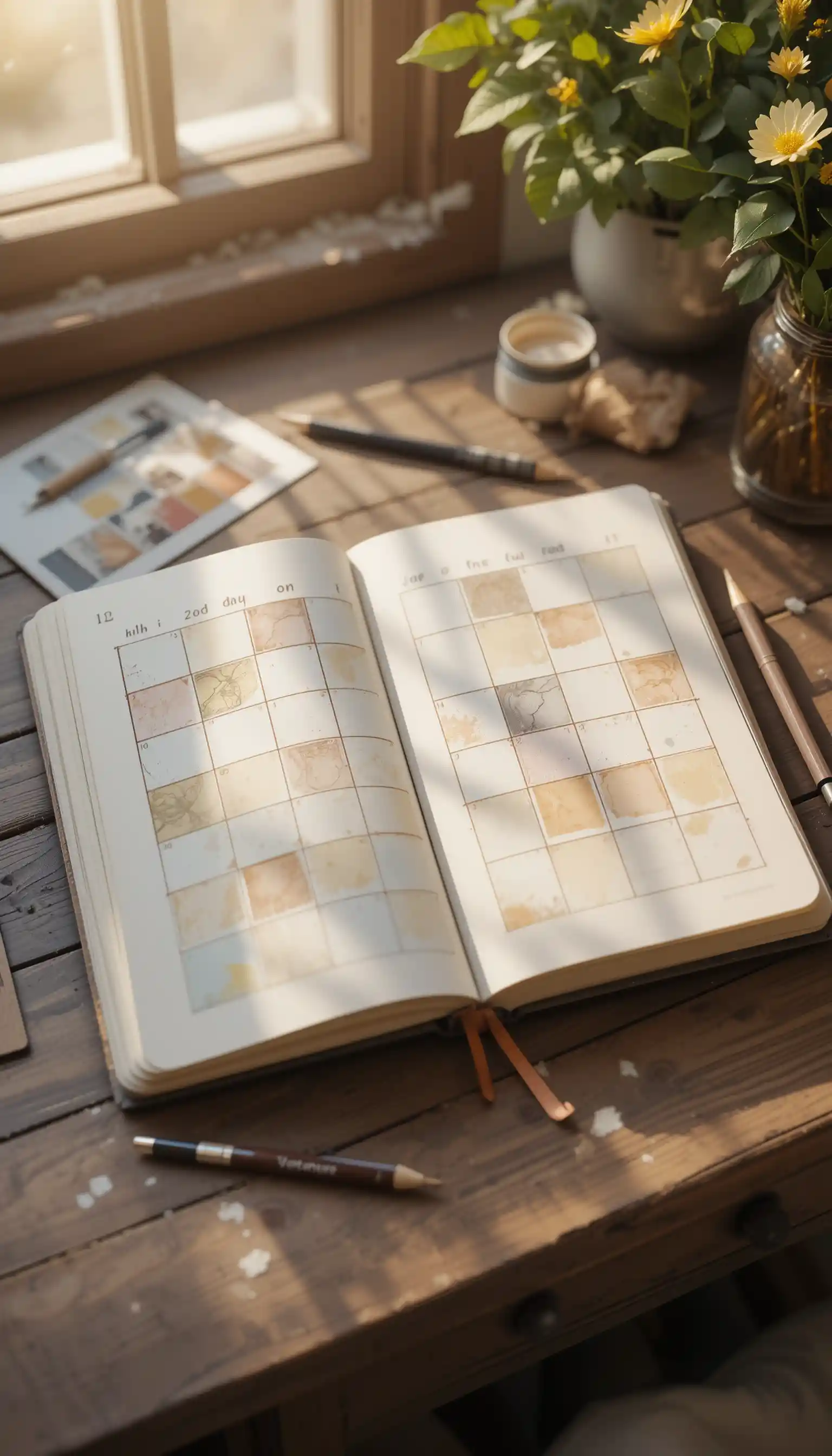 Minimalist open journal on rustic wooden desk in warm light