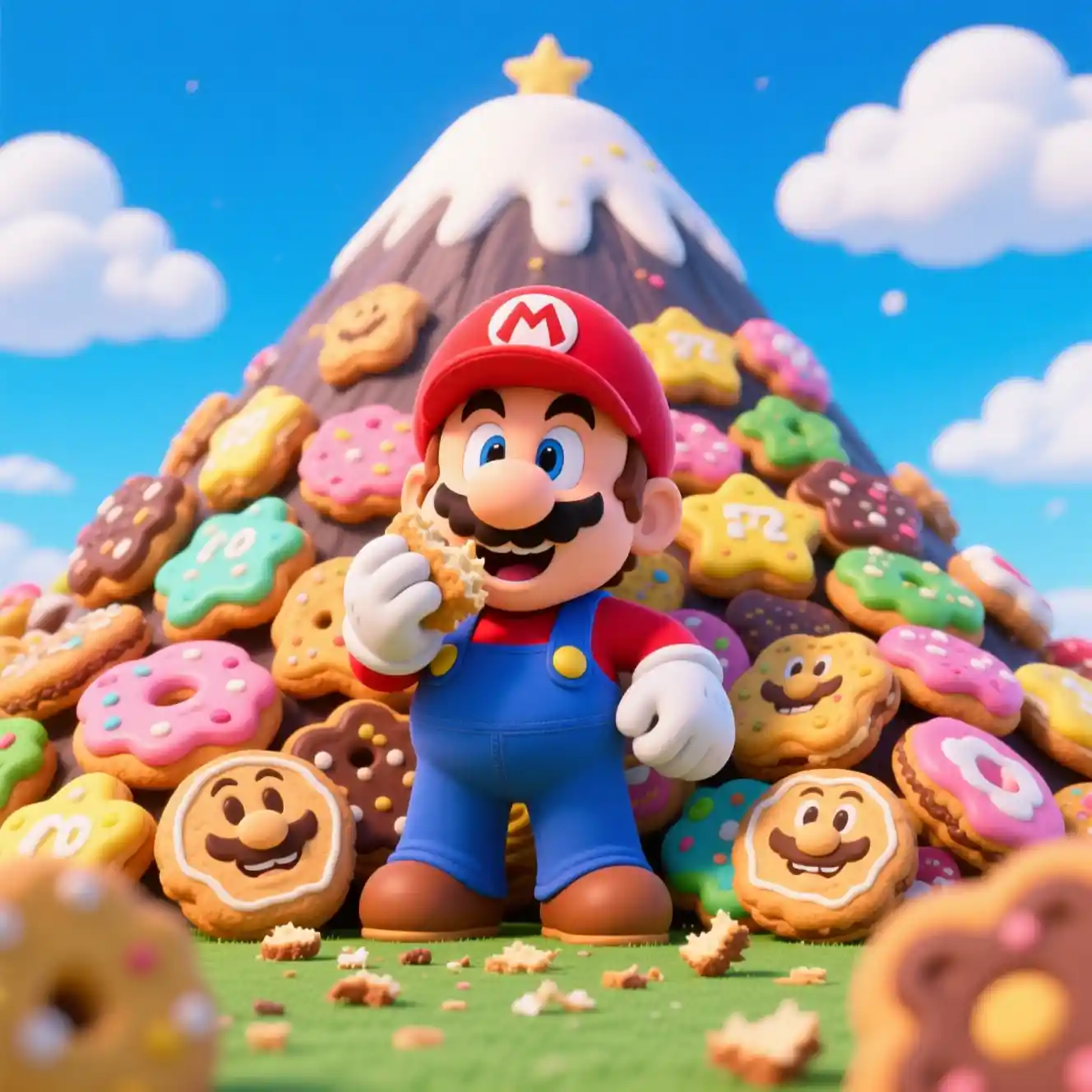 Cartoon hero with mountain of colorful cookies in sky