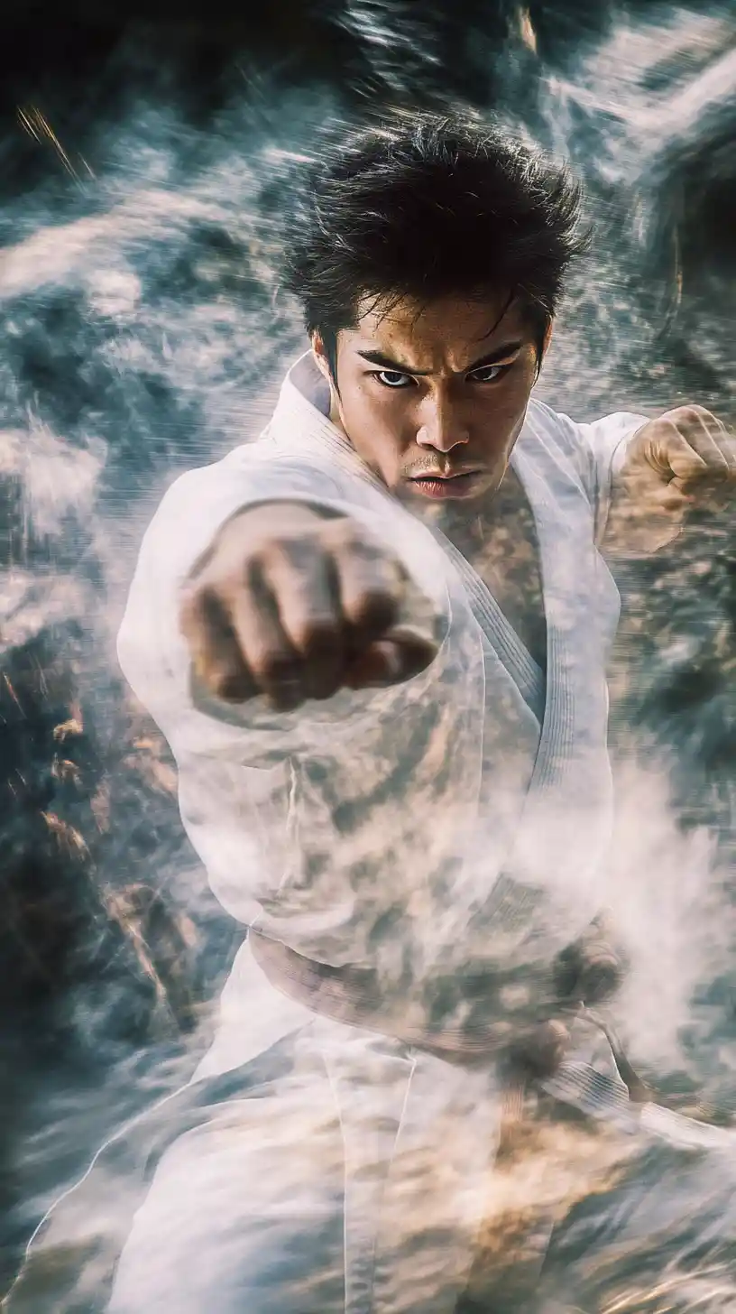 Korean taekwondo fighter in dynamic anime battle stance