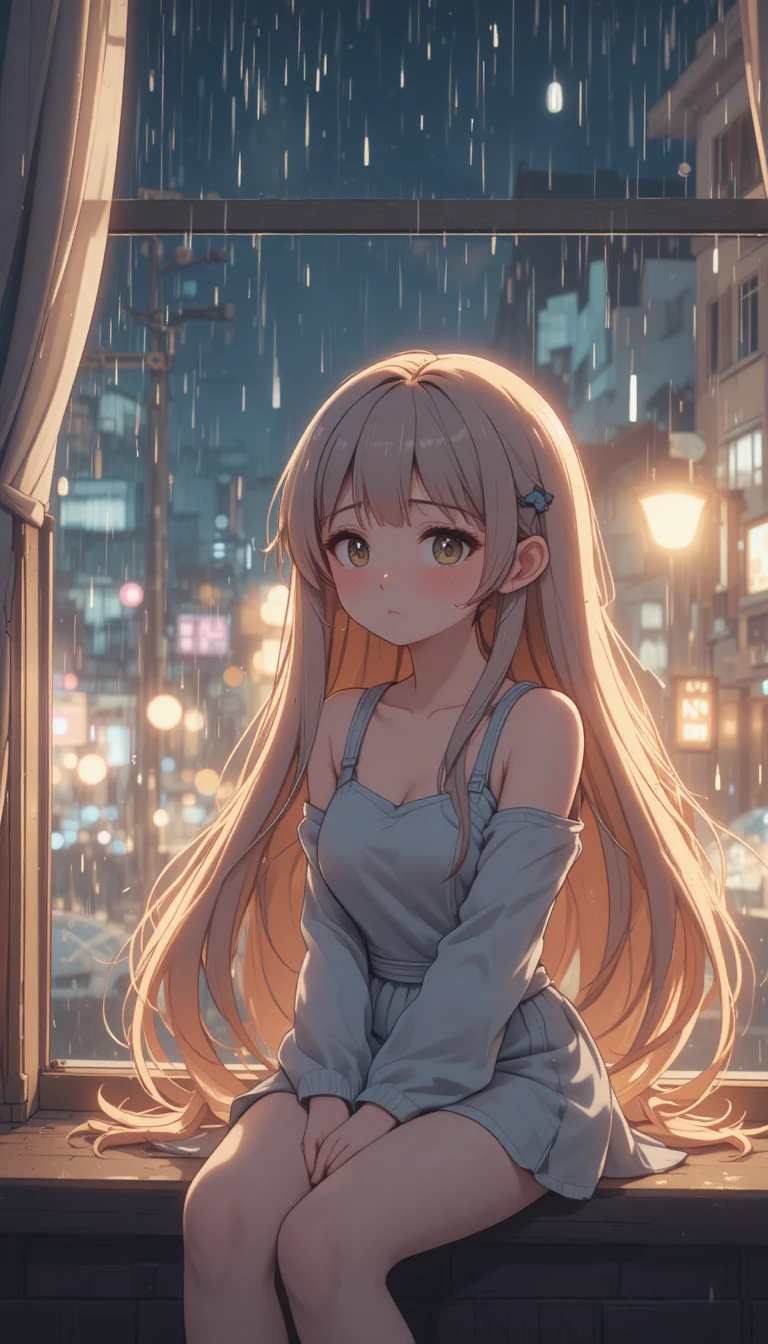 Fille d’anime triste assise près d’une fenêtre par une nuit de pluie