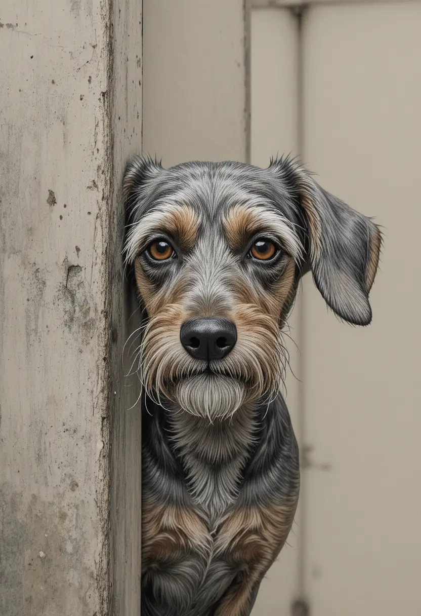 Shy wirehaired dachshund peeking out from behind wall