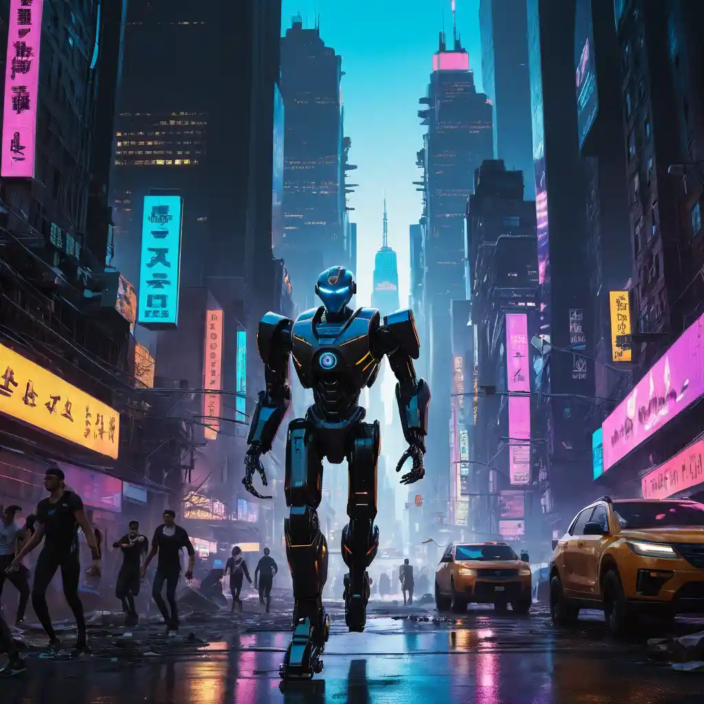 Ragazzo adolescente che sprinta in una strada neon di città cyberpunk