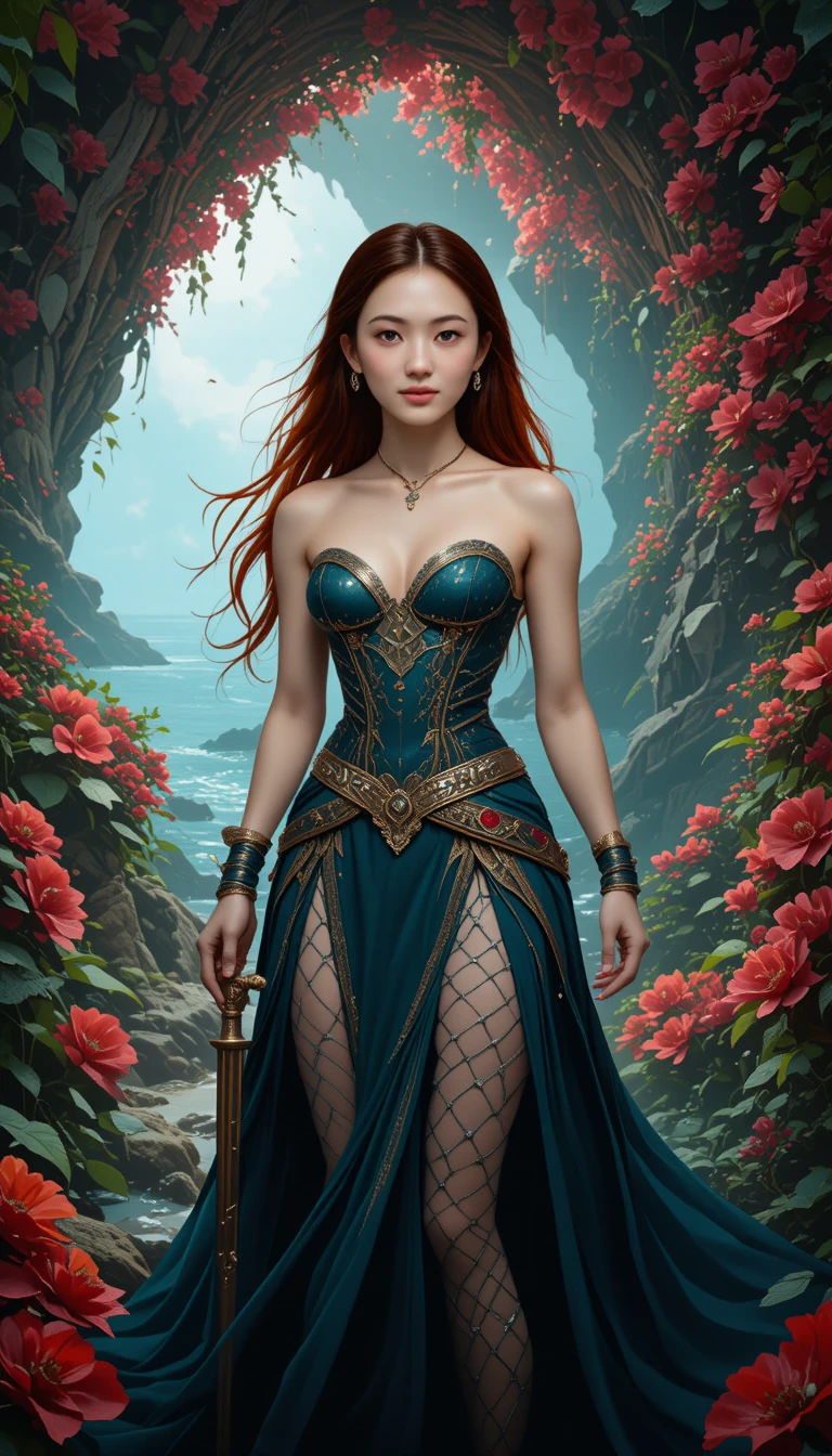 Warrior princess in a flower filled coastal cave