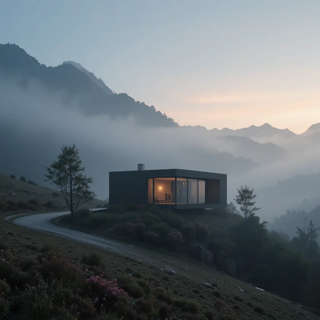 Casa minimalista tra montagne nebbiose all'alba con strada tortuosa