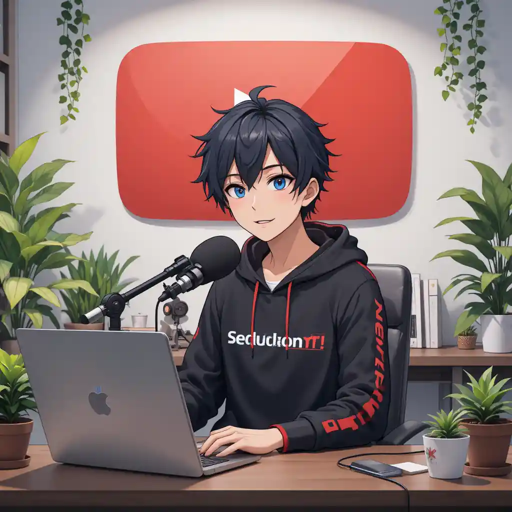 Garoto de anime fazendo stream na escrivaninha com fundo do YouTube
