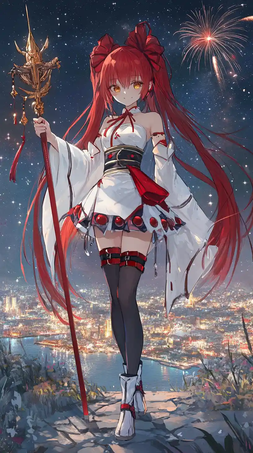 Chica de anime con vestido blanco mirando los fuegos artificiales de una ciudad lejana